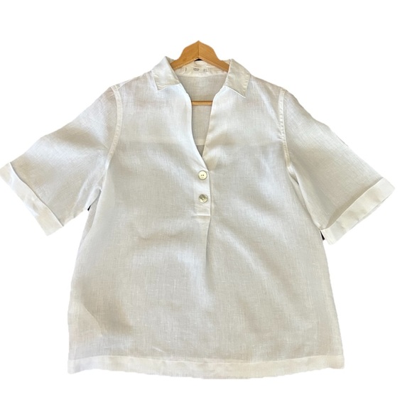 tunic styled Mango White Short-sleeved 100% Linen Shirt size Large - Picture 1 of 7